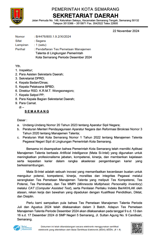 Pendaftaran Tes Pemetaan Manajemen Talenta di Lingkungan Pemerintah Kota Semarang Periode Desember 2024